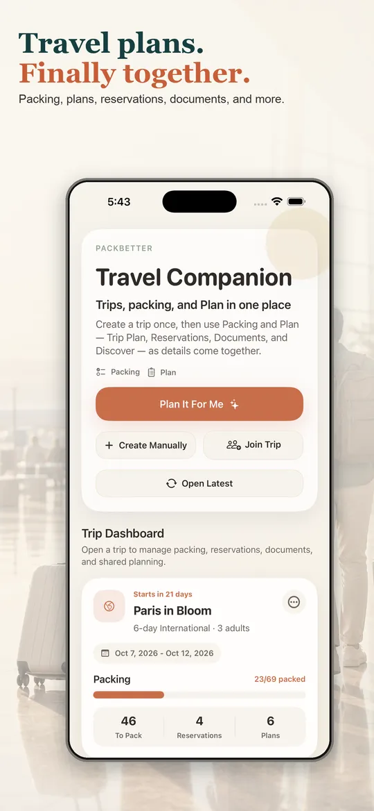 PackBetter trip screen on an iPhone.