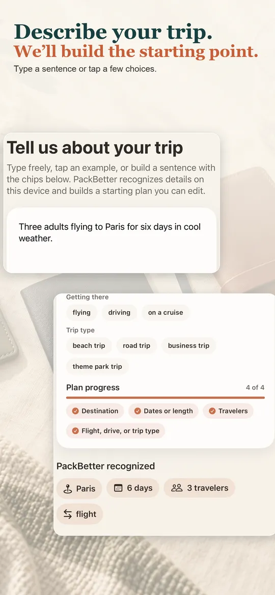 PackBetter screen where a short trip description can be turned into a draft plan.