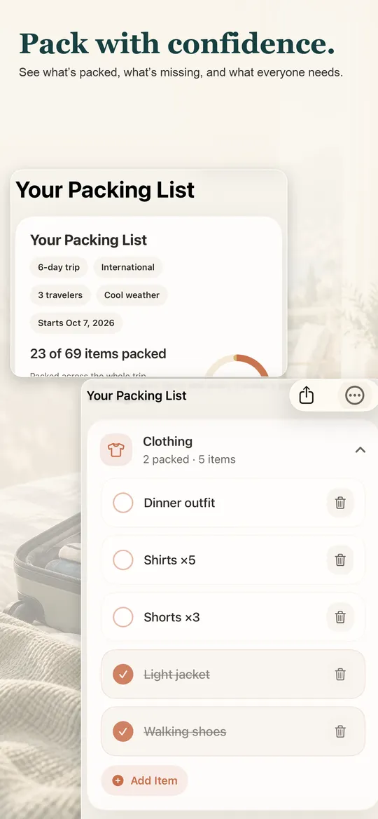PackBetter packing list with a progress ring and items such as a passport, medications, and a charger.