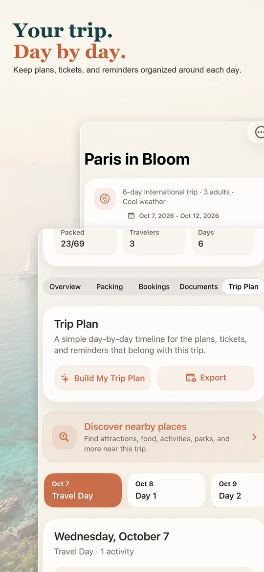 PackBetter day-by-day plan with a train reservation and afternoon activities.