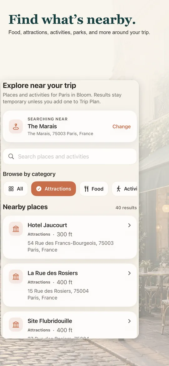 PackBetter map of nearby places around a destination, with a place card.