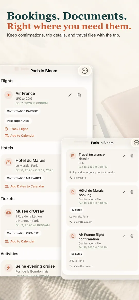 PackBetter screen listing reservations and a travel documents section.