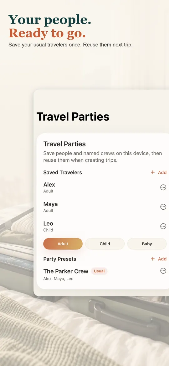 PackBetter saved travelers screen with a family group and individual travelers.