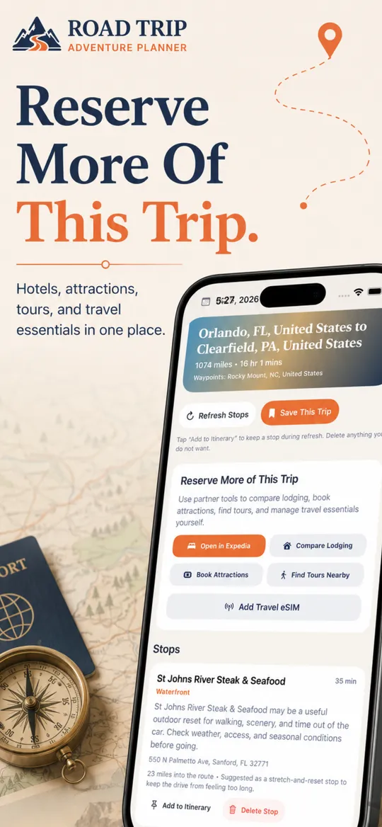 Road Trip Adventure Planner map exploring places around a city, with a place card.