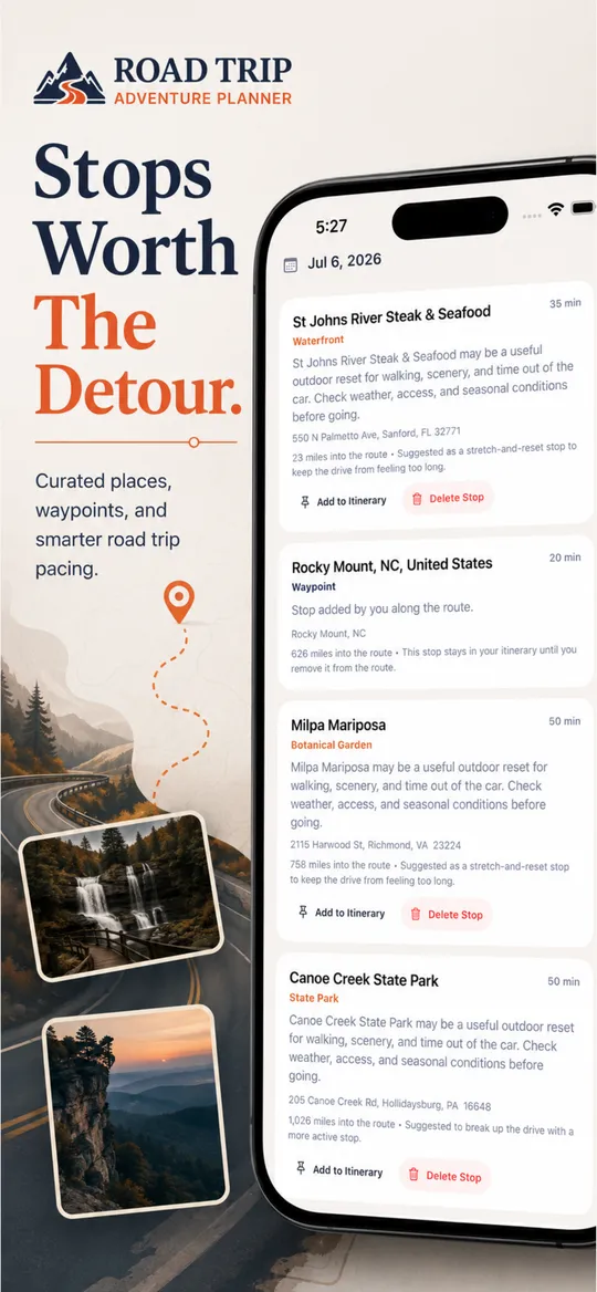 Road Trip Adventure Planner saved places list.