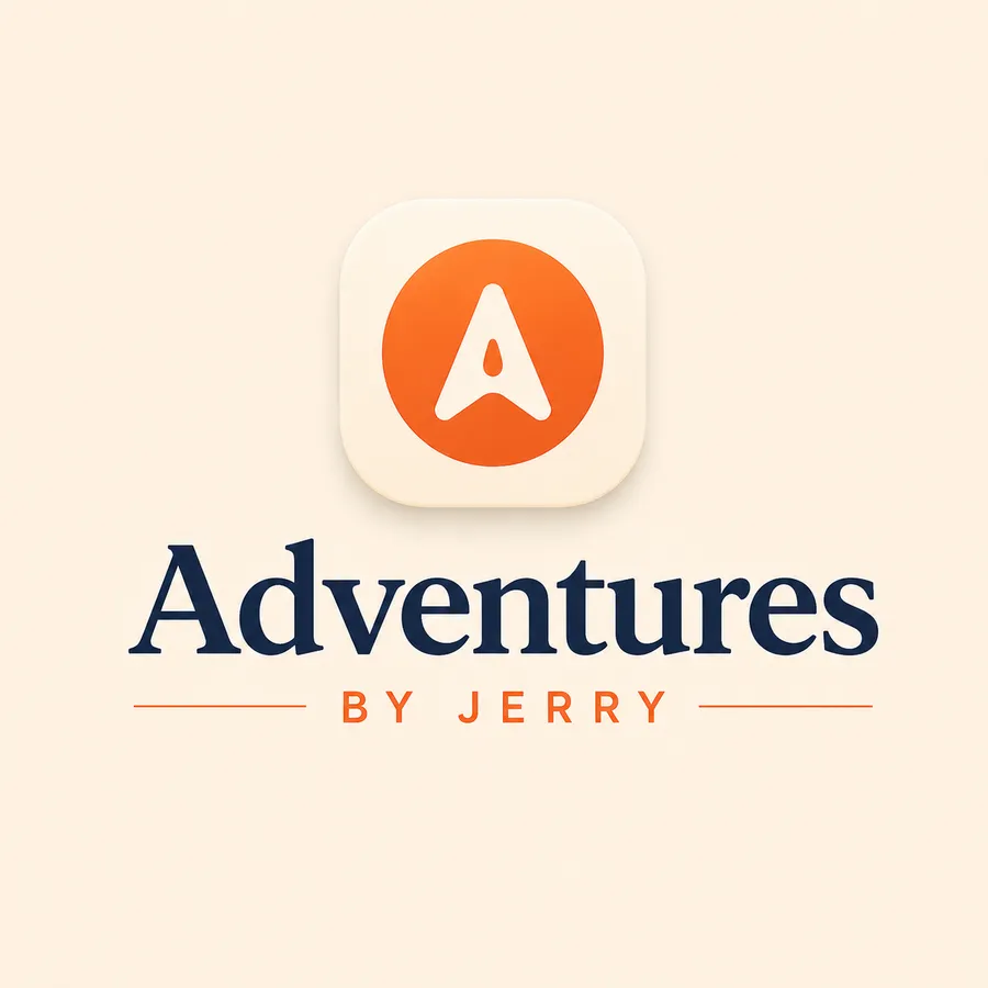 Adventures by Jerry logo, with a coastal portrait.